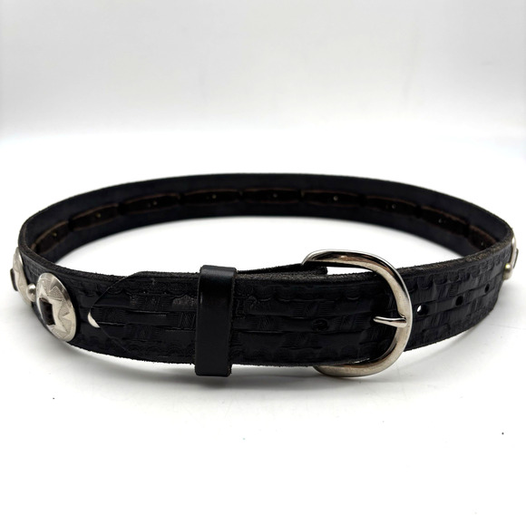 Vintage 80s Handmade Black Tooled Genuine Leather Studded Concho Belt 30-34" - Picture 4 of 16